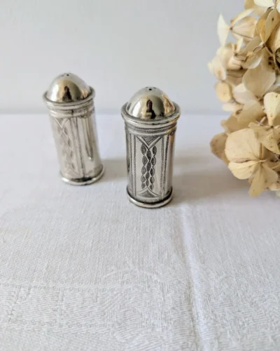 Salière et poivrière anciennes en métal argenté avec fleurs séchées