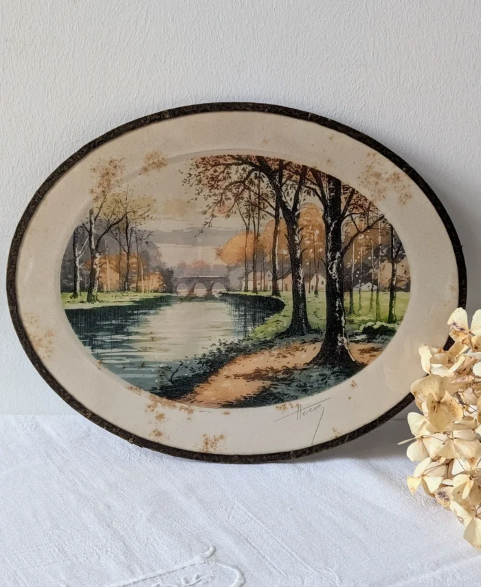 eau forte ancienne signée Huez paysage automne vintage