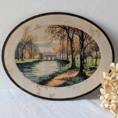 eau forte ancienne signée Huez paysage automne vintage