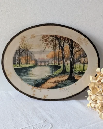 eau forte ancienne signée Huez paysage automne vintage