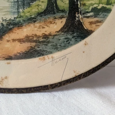 Signature eau forte ancienne signée Huez paysage automne vintage