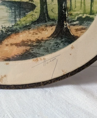 Signature eau forte ancienne signée Huez paysage automne vintage