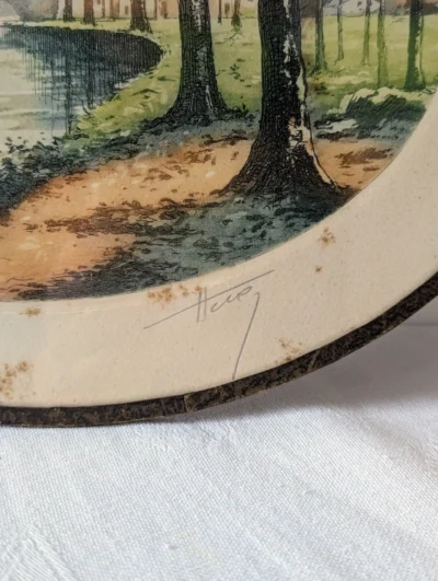 Signature eau forte ancienne signée Huez paysage automne vintage