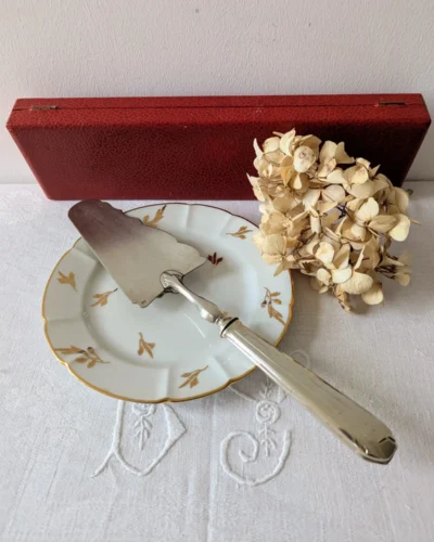 Pelle à tarte vintage en métal blanc posée sur une assiette ancienne avec son écrin rouge en arrière-plan