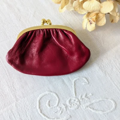 Porte-monnaie vintage en cuir rouge véritable, monture dorée, Villa Brieg