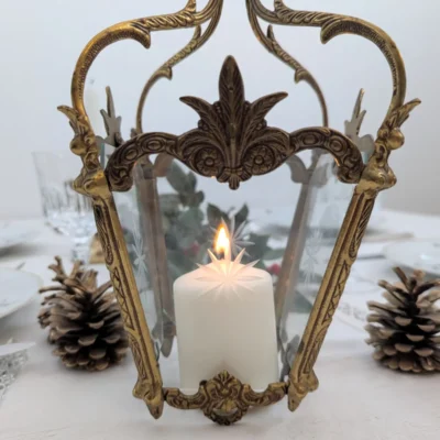 Suspension ancienne laiton et verre ciselé transformée en bougeoir