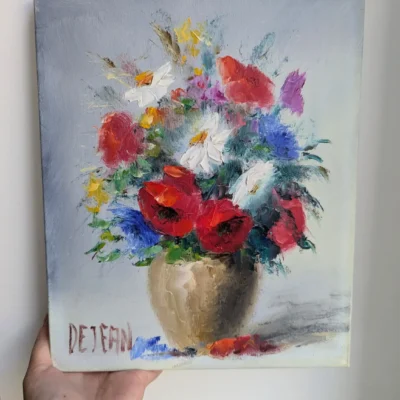tableau fleurs signé Dejean 1981, peinture à l’huile sur toile avec certificat d’authenticité, Villa Brieg