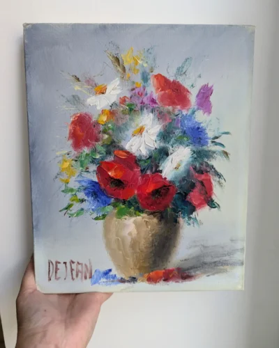 tableau fleurs signé Dejean 1981, peinture à l’huile sur toile avec certificat d’authenticité, Villa Brieg