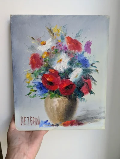tableau fleurs signé Dejean 1981, peinture à l’huile sur toile avec certificat d’authenticité, Villa Brieg