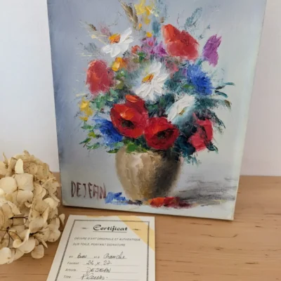 tableau fleurs signé Dejean 1981, peinture à l’huile sur toile avec certificat d’authenticité, Villa Brieg