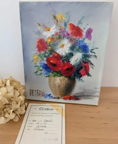 tableau fleurs signé Dejean 1981, peinture à l’huile sur toile avec certificat d’authenticité, Villa Brieg