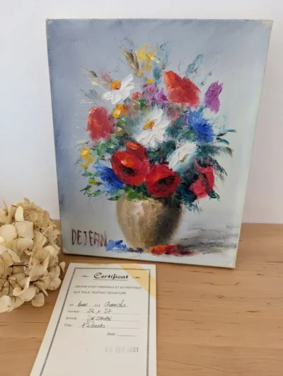 tableau fleurs signé Dejean 1981, peinture à l’huile sur toile avec certificat d’authenticité, Villa Brieg