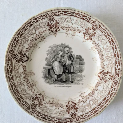 Lot de 6 assiettes U&K Sarreguemines décor romantique brun XIXe