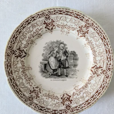 Lot de 6 assiettes U&K Sarreguemines décor romantique brun XIXe