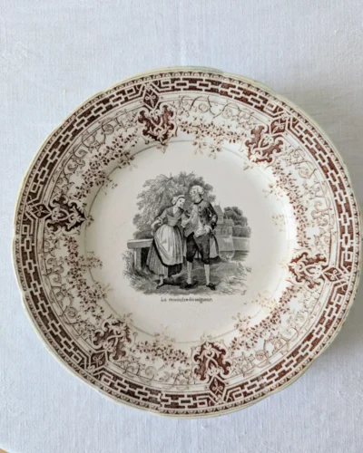 Lot de 6 assiettes U&K Sarreguemines décor romantique brun XIXe