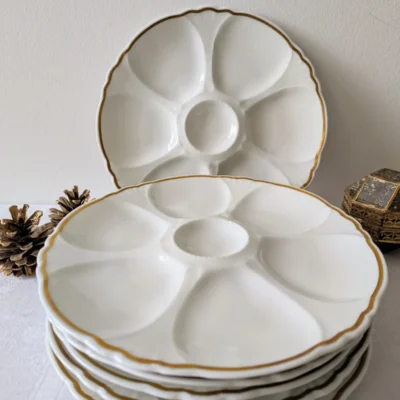 Lot de 6 assiettes à huîtres Delvaux Limoges en porcelaine blanche et filet d’or