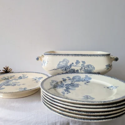 Service ancien faïence décor botanique bleu E. Bourgeois Paris XIXe