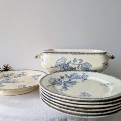 Service ancien faïence décor botanique bleu E. Bourgeois Paris XIXe