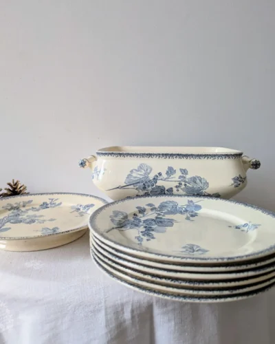 Service ancien faïence décor botanique bleu E. Bourgeois Paris XIXe