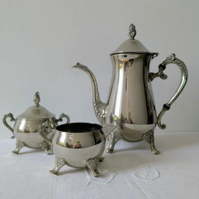 Ensemble de 3 pièces service à café ancien métal argenté Villa Brieg