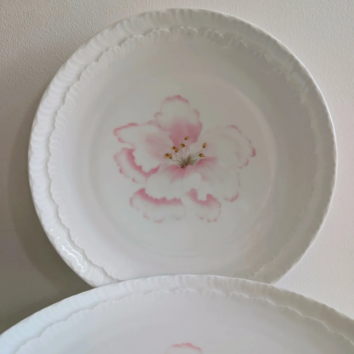 Vue de face assiette porcelaine Limoges modèle Violette rose