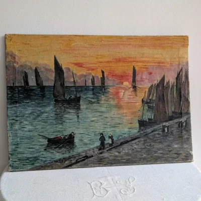 Tableau breton impressionniste représentant des voiliers Terre-Neuvas au couchant.