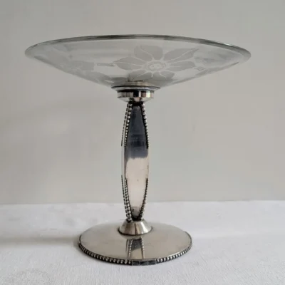 Coupe ancienne verre gravé à l'acide et métal argenté - Centre de table Villa Brieg