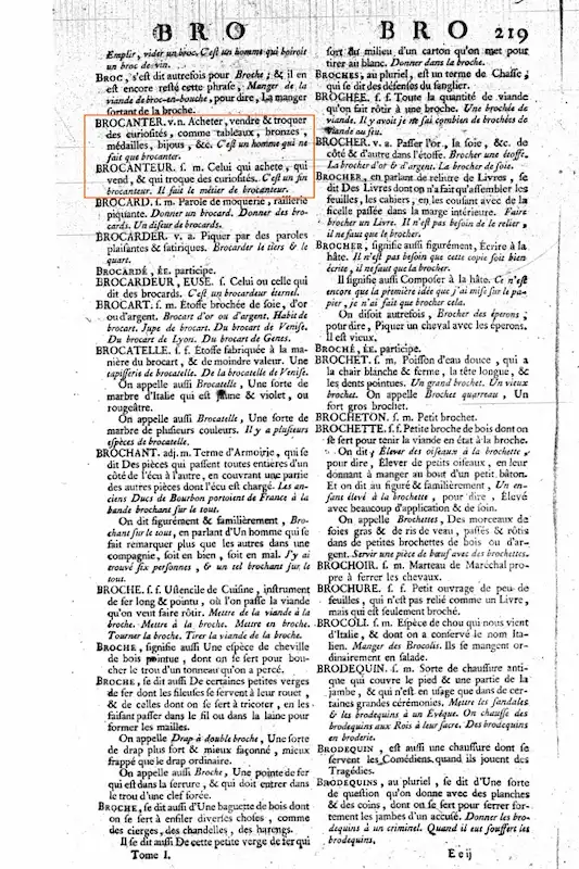 Définition du verbe brocanter, document numérisé par Gallica issu du Dictionnaire de l'Académie Française 1762