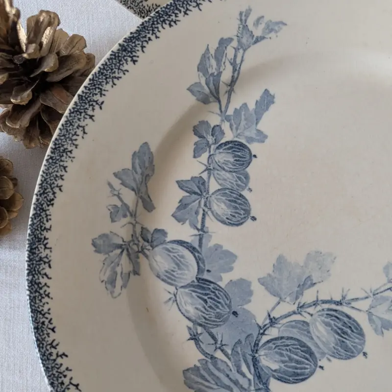Décor de surface monochrome bleu sur le marli d'une assiette ancienne en faïence