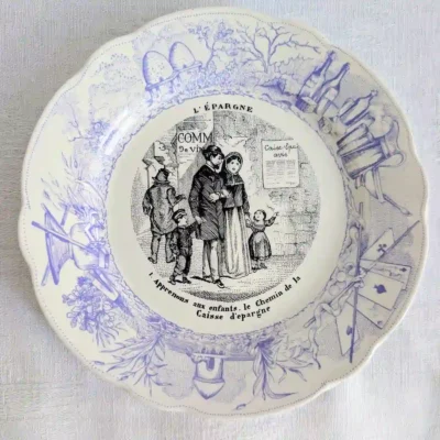 Assiette parlante Sarreguemines série L'Épargne numéro 1 faïence violette