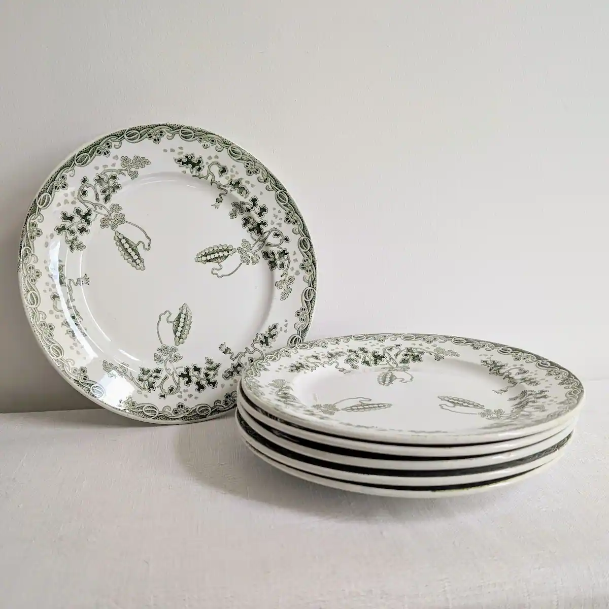 Lot de 6 assiettes anciennes Saint-Amand Hamage modèle Modern Style au décor de muguet vert.