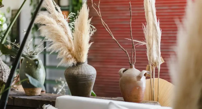 Vases anciens en terre cuite et fleurs séchées pour décoration maison secondaire