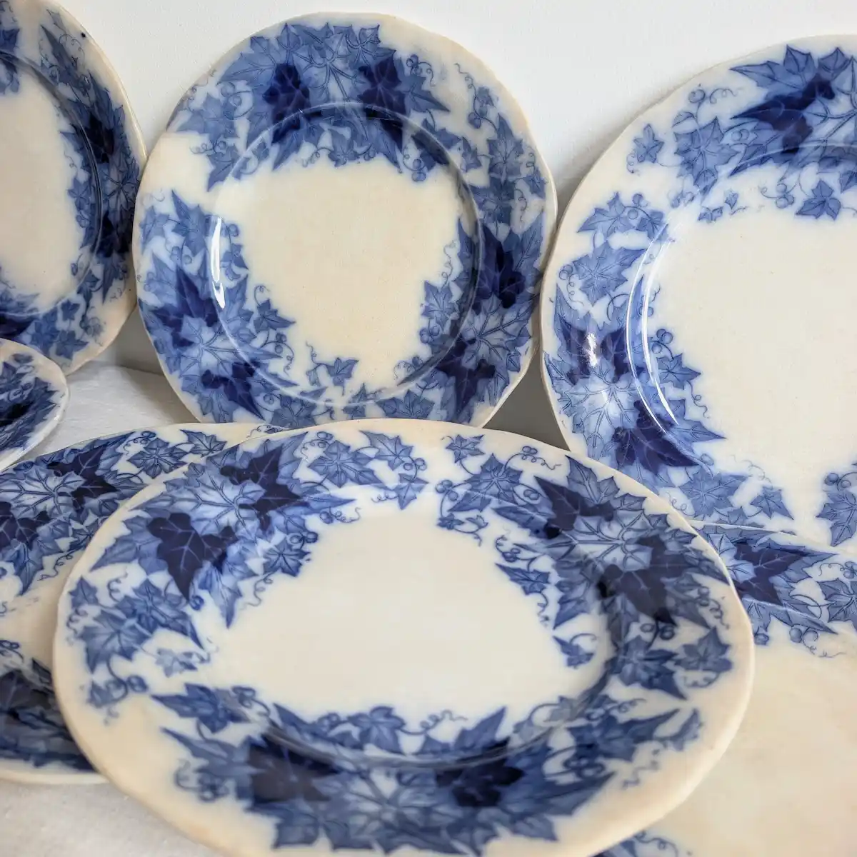 Gros plan sur le décor végétal bleu cobalt des assiettes Sarreguemines Bryonia