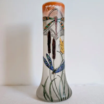 Vase Legras signé en verre émaillé aux libellules vers 1910