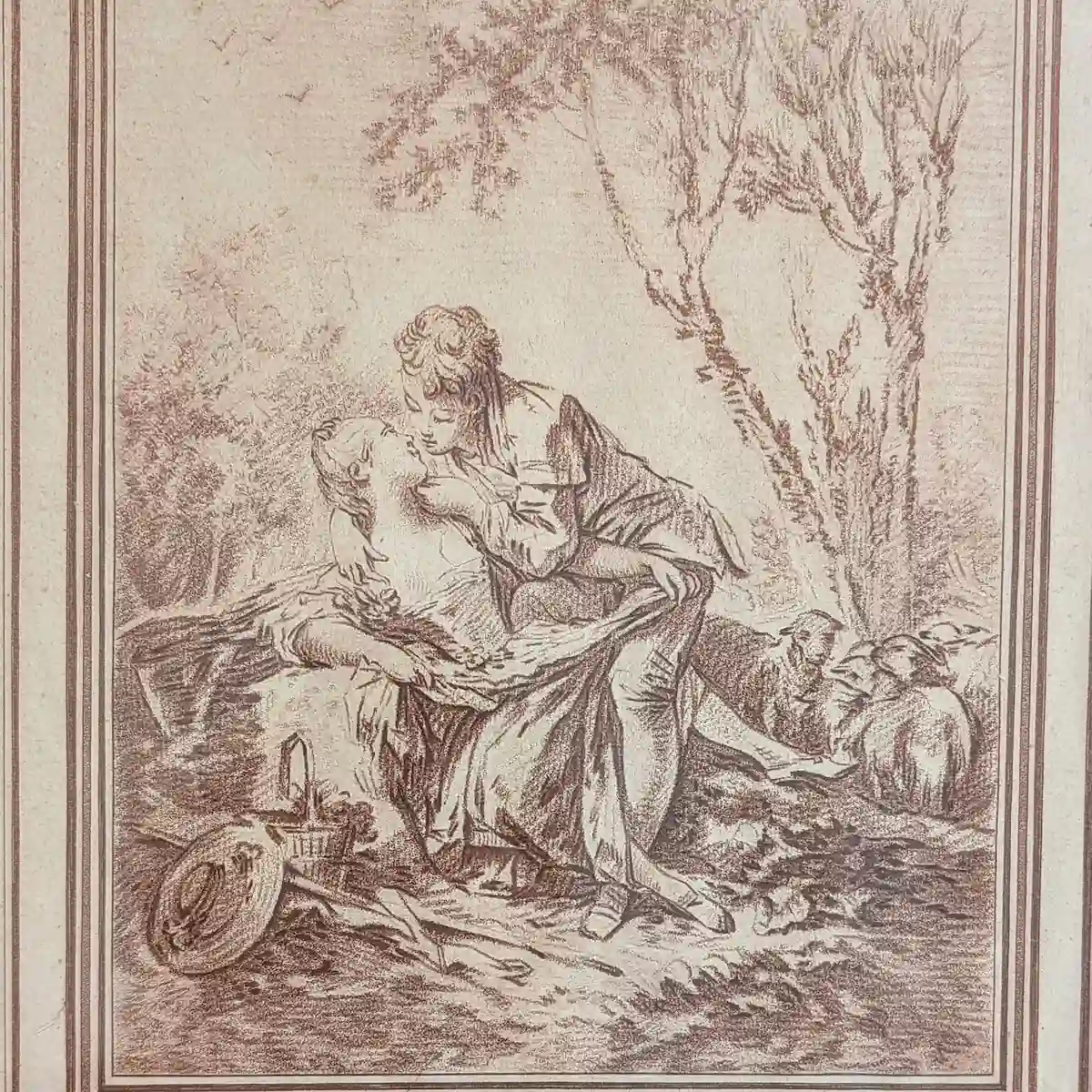 Détail de la scène pastorale montrant le berger, la bergère assise, les moutons et les arbres.